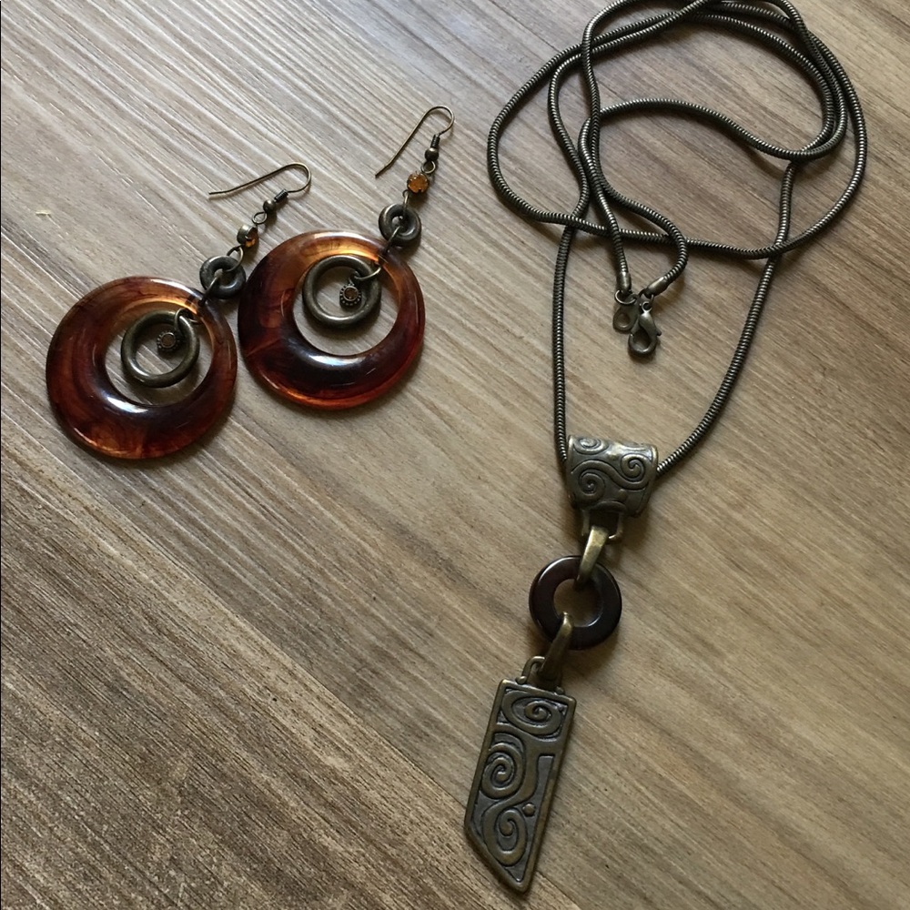 Vintage Brass Acrylic Necklace and Earrings Set